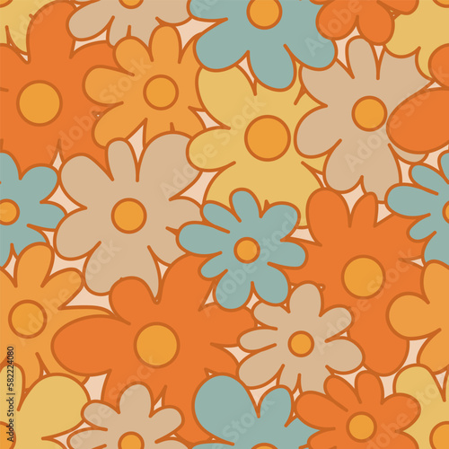 70s Retro Seamless Pattern With Stylized Flowers. 60s and 70s Retro style and Aesthetic. Colorful retro design. Seamless Flowers vintage background  vector illustration