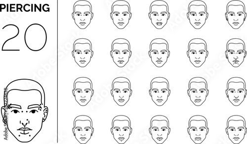 Piercing on men's face. Set of line art vector icons