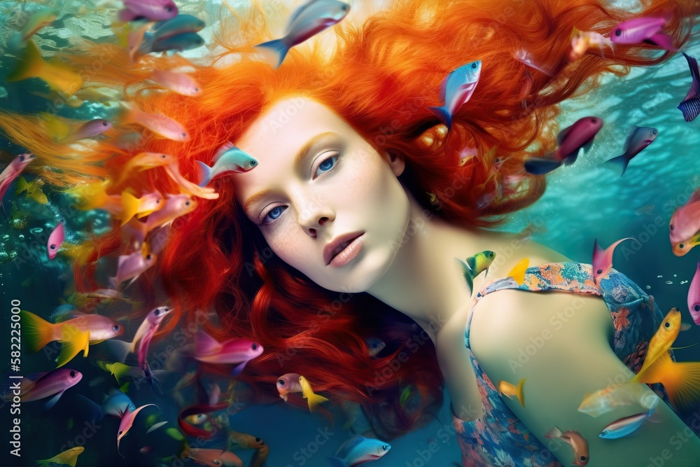 Dreaming and relaxation concept. A woman with flowing ginger hair swims underwater with tropical fishes.