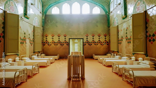 Hospital de la Santa Creu i Sant Pau, Barcelona, Spain - May 30, 2018: interior of the reconstruction of the original ward in Hospital de Sant Pau
