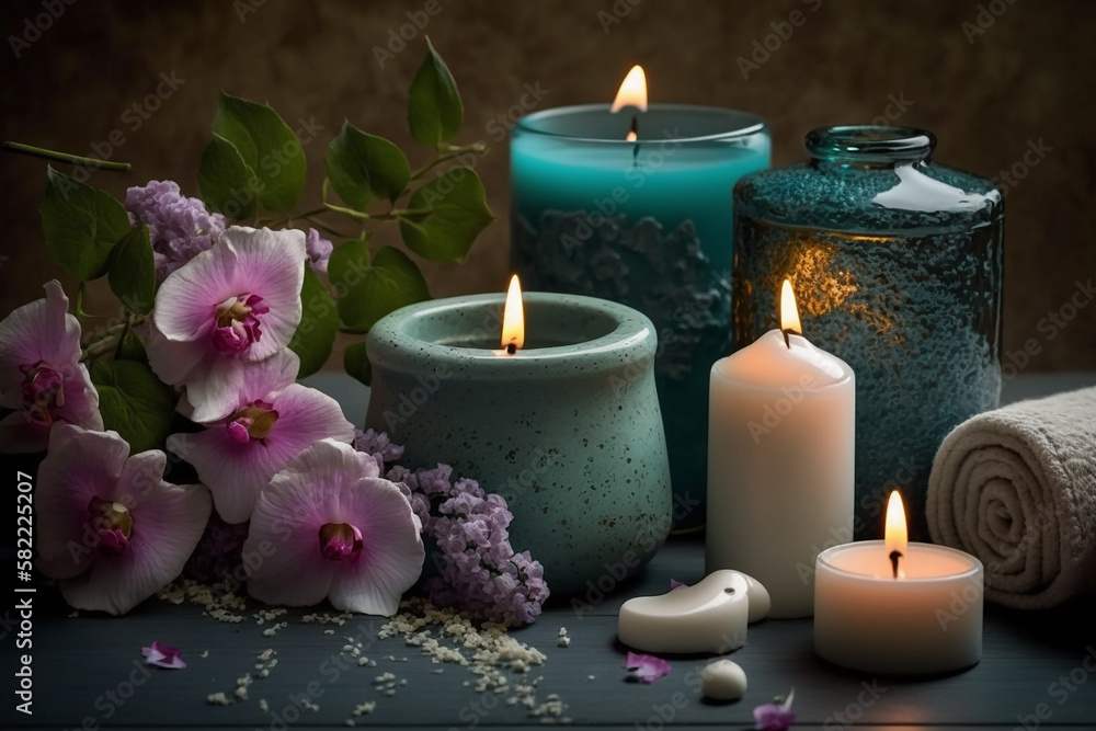 spa decorado com flores e velas. Aroma e saúde 