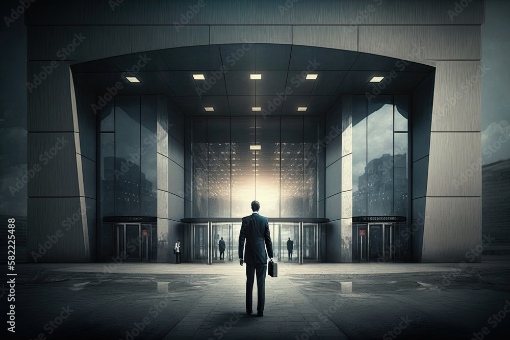 Successful man in business suit stands in front of entrance to an office building. Concept of success in life. Created with Generative AI