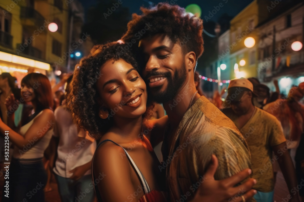 A young, dark-skinned Latin man and woman dance joyfully in the street during a Brazilian cultural celebration. Street Carnival scene.