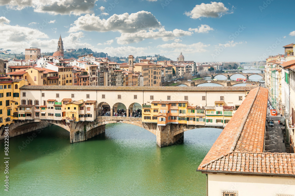 The Ponte Vecchio over the Arno from the Uffizi Gallery in Florence in Tuscany, Italy