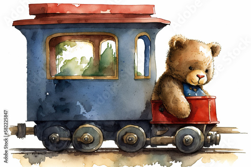 Teddy bear rides in a caboose watercolor, Generative AI