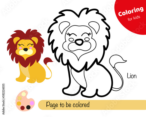 Colouring book for kids Lion. Cute cartoon lion character. Educational colouring game with cartoon character. Logic Games for Kids with colours. Learning card with task for child preschool