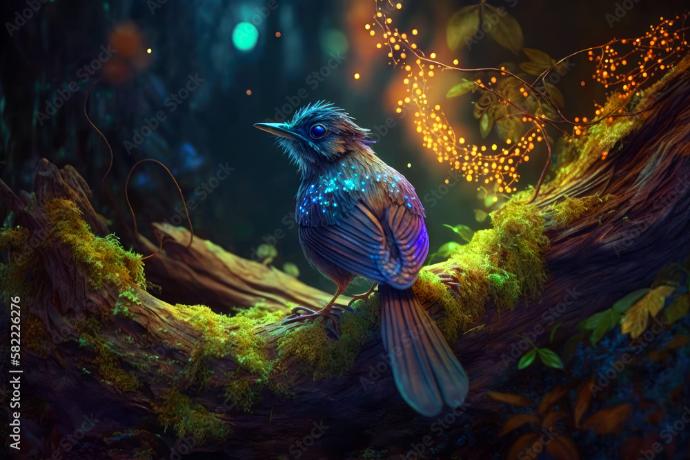 Fantasy bird in fairy tale deep forest, magical environment, Generative AI