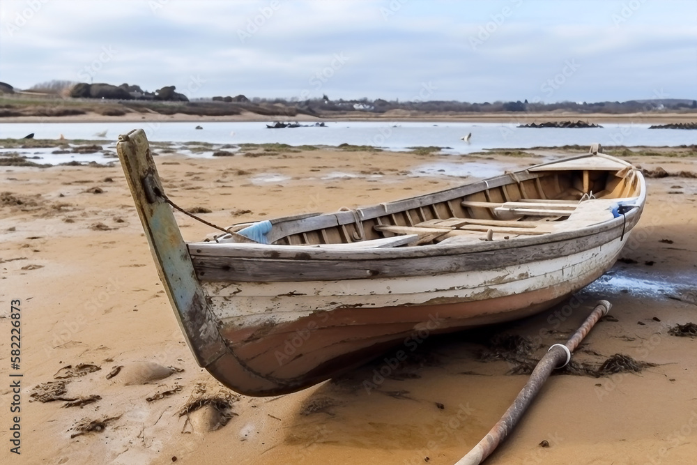 Old rowing boat ran aground, around sand and puddle of water - Ai generative