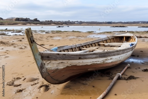 Old rowing boat ran aground  around sand and puddle of water - Ai generative