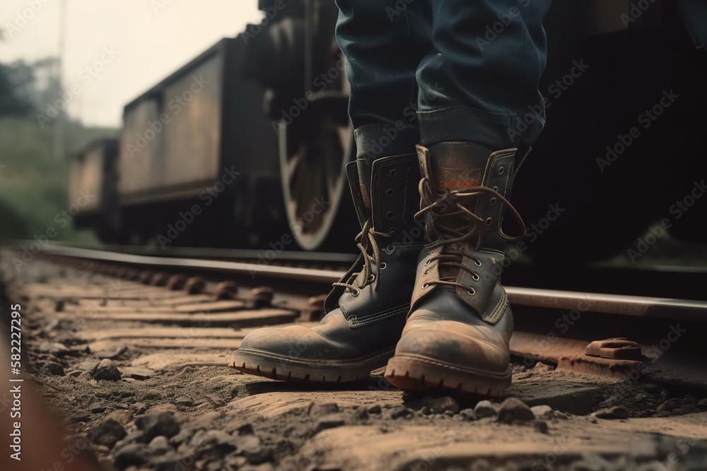 Worker shoe at the working site illustration. Generative ai image