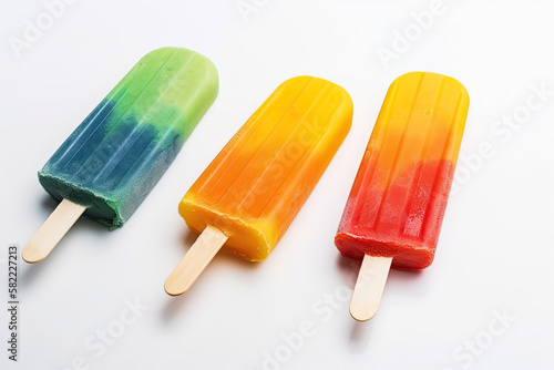 Colorful popsicle displayed against a plain white backdrop, Generative AI.