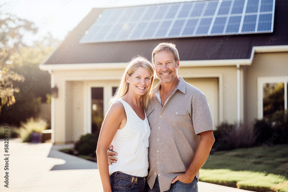Smiling couple standing in the driveway of a large house with solar panels installed - ai generative - obrazy, fototapety, plakaty 