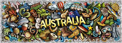 Vector illustration with Australia theme doodles. Vibrant and eye-catching banner design, capturing the essence of Australian culture and traditions through playful cartoon symbols