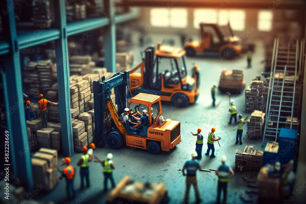 Workers skillfully maneuvering forklifts around the crowded warehouse