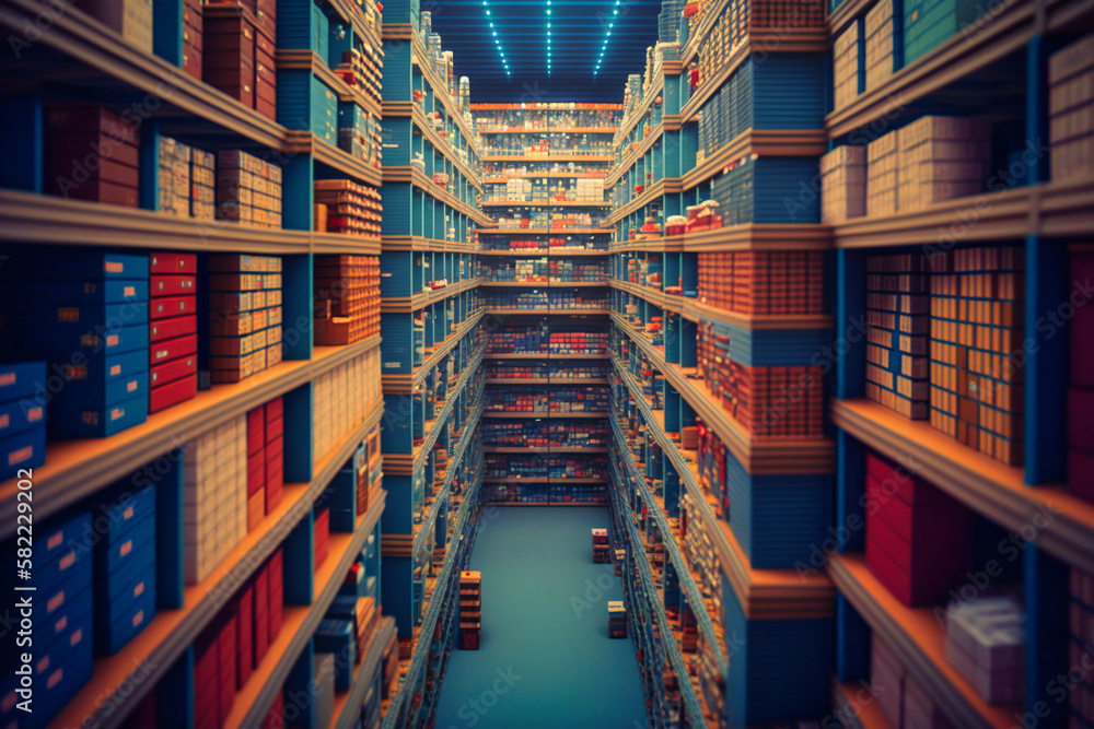 A vast warehouse with rows upon rows of towering shelves filled with boxes A vast warehouse with rows upon rows of towering shelves filled with boxes