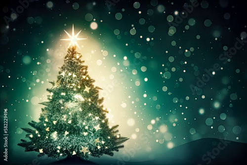 Christmas tree background. - winter, snow, star, ornament, light, glitter, shiny, sparkle, illuminated. 