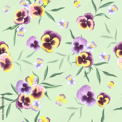 Watercolor background with pansies..Flowers on a green background. Seamless pattern for the design of textiles  paper  plastic.