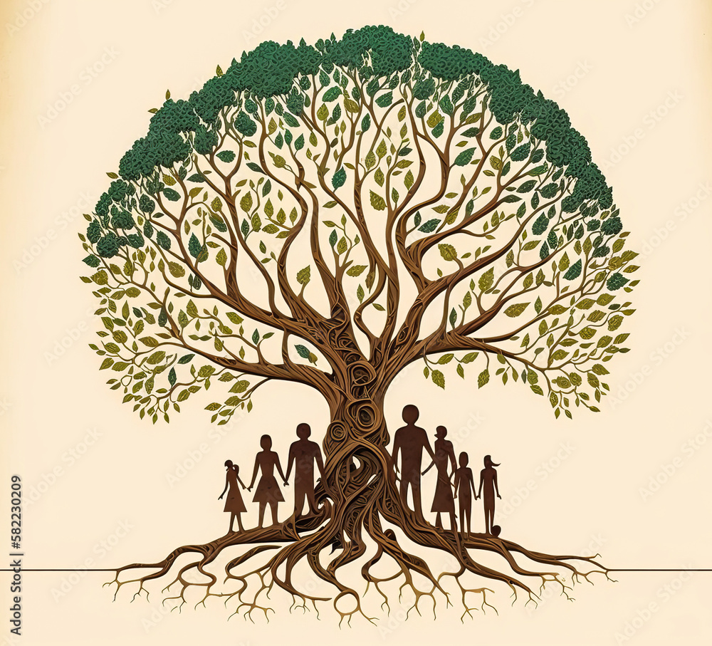 A tree with roots formed by human figures represents the ...