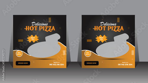 Fast food restaurant business marketing social media post or web banner template design with abstract background, logo and icon. Fresh pizza, burger & pasta online sale promotion flyer or poster.