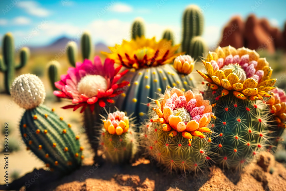 Vibrant cactus flowers blossoming under the harsh summer sun, amidst a sandy desert landscape Vibrant cactus flowers blossoming under the harsh summer sun, amidst a sandy desert landscape