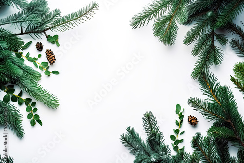 Christmas tree branches decorated on white background. - Holiday season  festive celebration  winter.