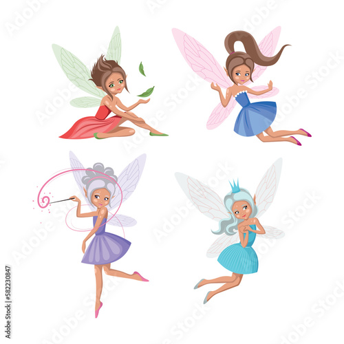 Cartoon magic fairies. A collection of cute fairytale girls characters.