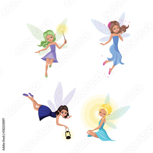 Cartoon magic fairies. A collection of cute fairytale girls characters.