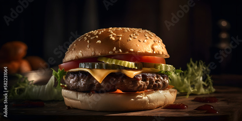snack bar burger, delicious burger, white isolated background, generative ai