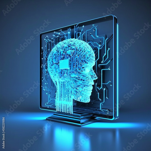 brain computer interface with the blue screen for the concept of artificial intellligence, generative ai image. photo