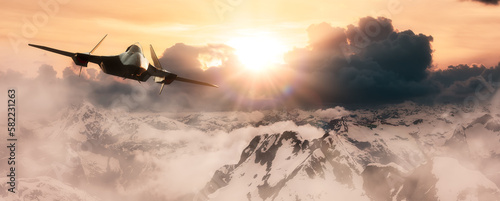 Military Fighter Jet flying over the mountain peaks. 3d Rendering Aircraft. Aerial Landscape from British Columbia, Canada. photo