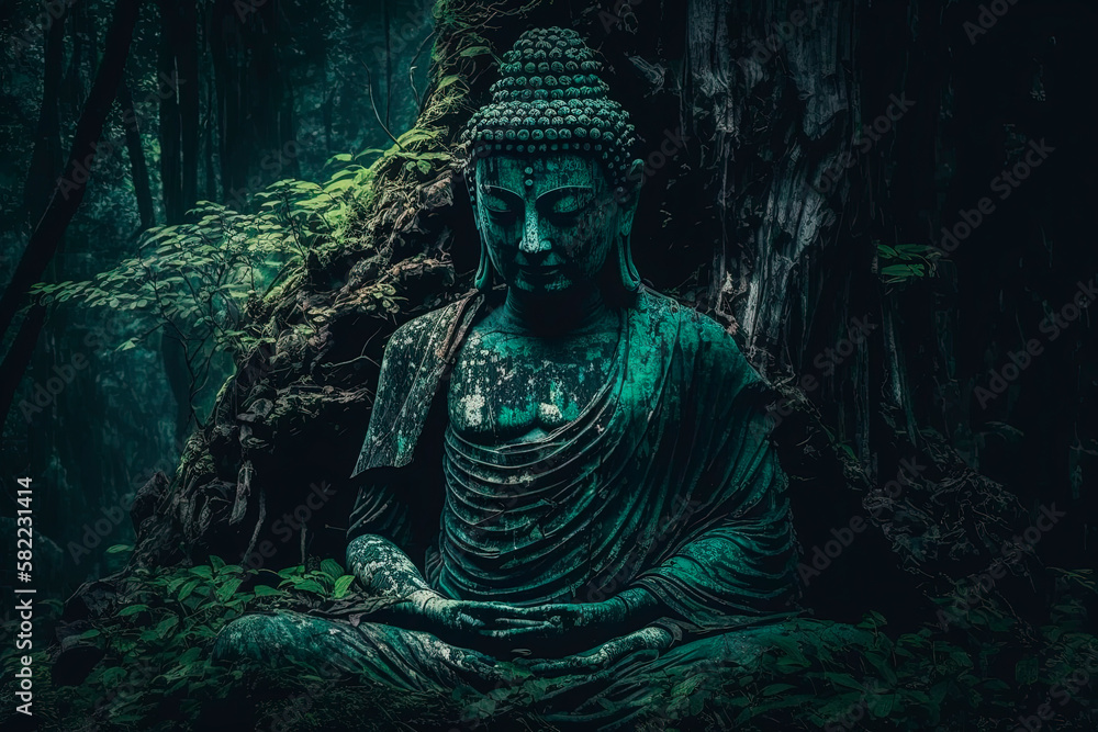 A buddha statue sitting in the middle of a forest. Generative AI Stock ...