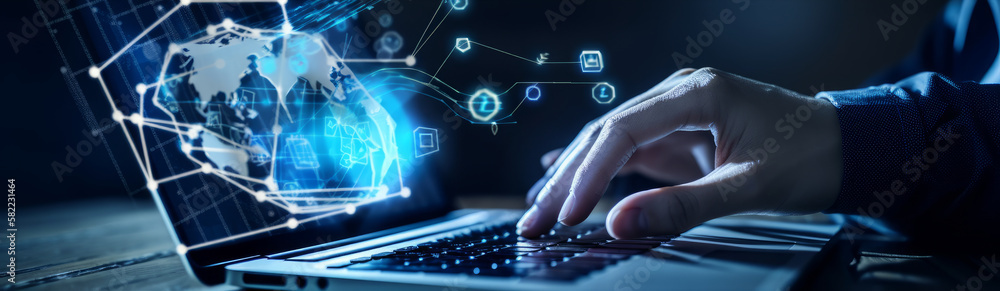 A businessman is working with a laptop that displays a business graph and the digital investment economy - Generative AI A businessman is working with a laptop that displays a business graph and the digital investment economy - Generative AI