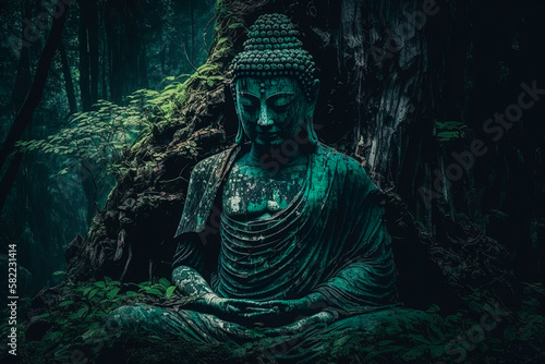 A buddha statue sitting in the middle of a forest. Generative AI photo