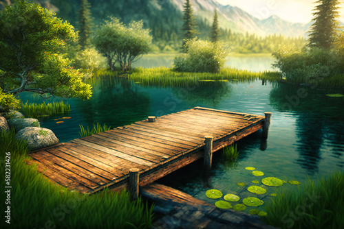 An old wooden dock extending into a serene lake, surrounded by dense summer greenery © Nilima