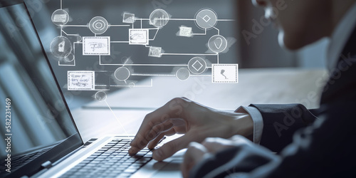 Automation of business processes and workflows with a flowchart and a businessman in the backdrop - Generative AI