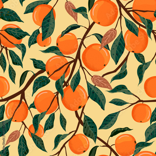Oranges, branches and fruits. Seamless pattern, print with orange tree branches.