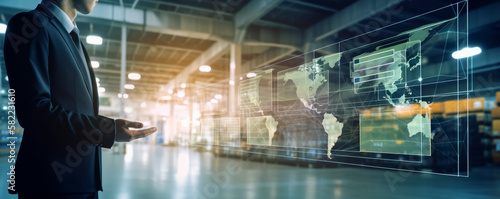 A businessman stands in front of a massive warehouse facility while holding a virtual interface panel for the world's logistics network for distribution and transportation - Generative AI