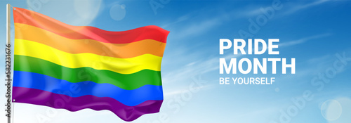 Waving Pride rainbow flag. Rainbow flag waving in wind at cloudy sky. Template of web page, banner or poster for decoration of Pride Month events. Tolerance and freedom concept.Vector illustration.