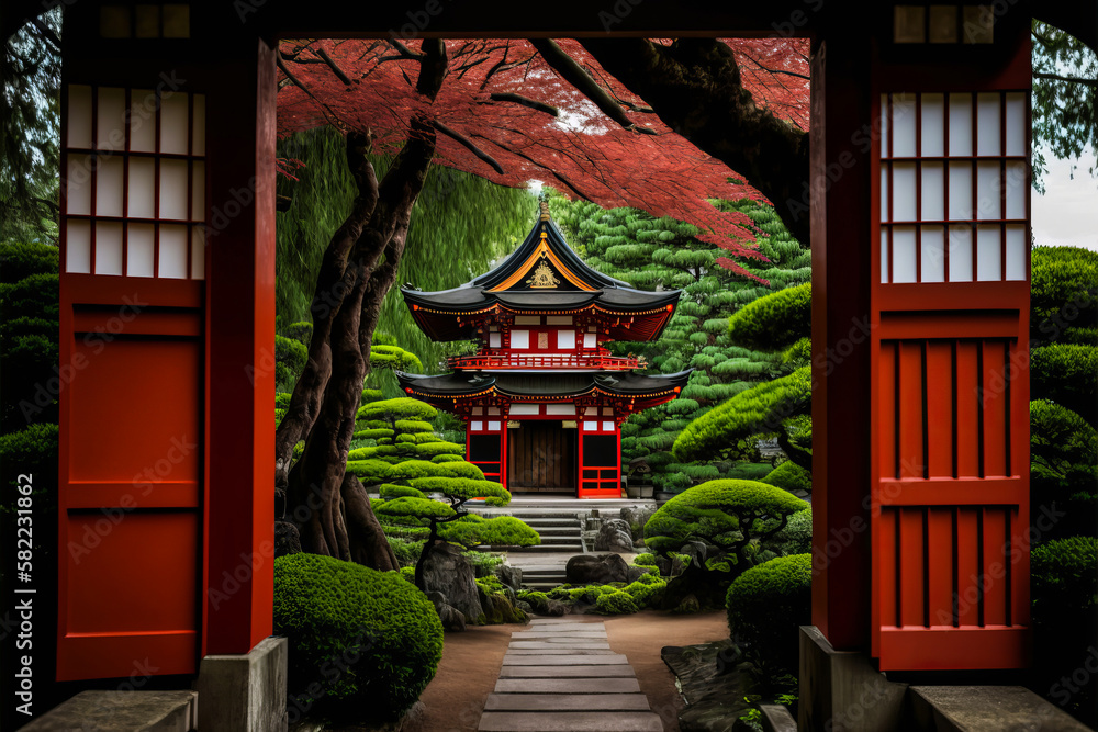 Traditional Japanese temple with red torii gate and serene garden ...