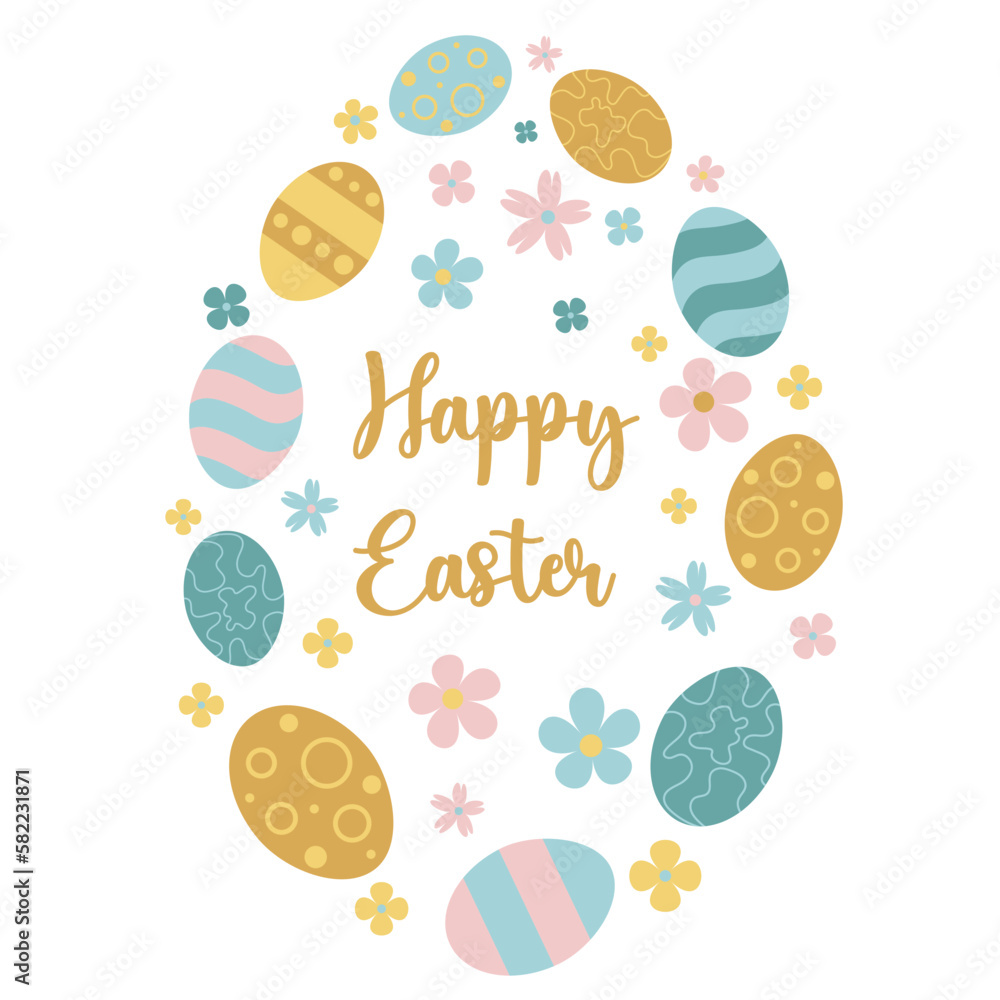 Frame of easter eggs and flowers. Easter floral, eggs, composition with lettering Happy easter in the centre on wreath. Frame of easter eggs and flowers. Easter floral, eggs, composition with lettering Happy easter in the centre on wreath.