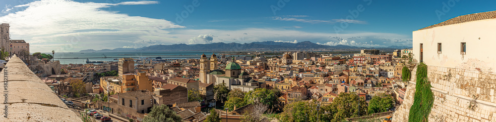 Panoramic view of the Marina and Stampace districts of the city of Cagliari. Sardinia, Italy