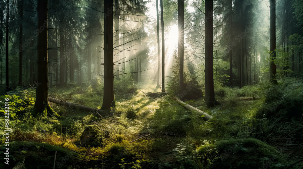 Fototapeta premium Forest panorama with sunbeams, morning, wide shot, green forest. 