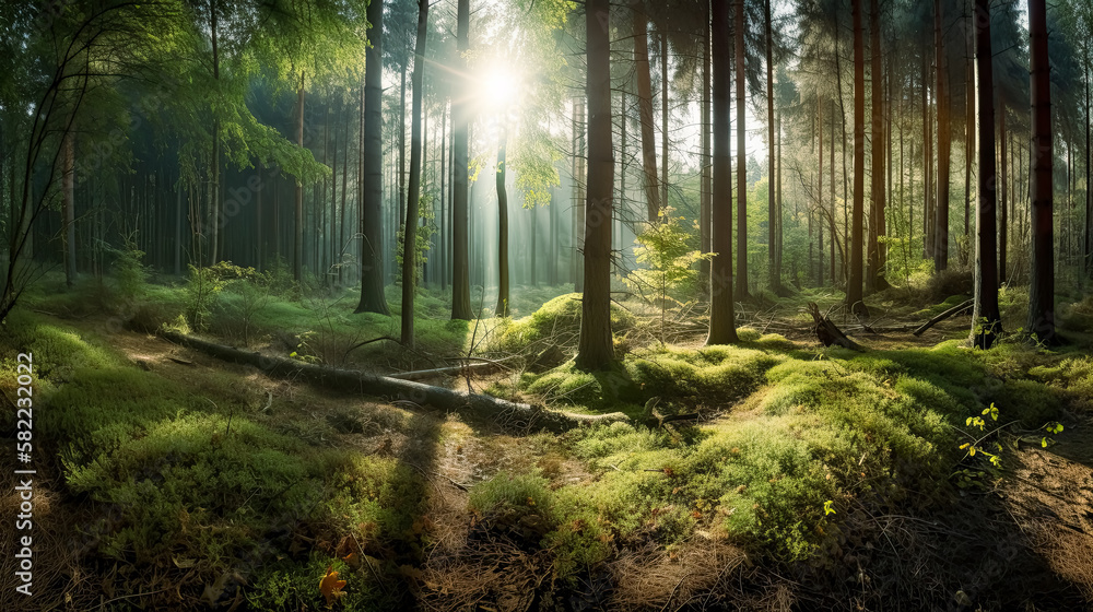 Obraz premium Forest panorama with sunbeams, morning, wide shot, green forest. 