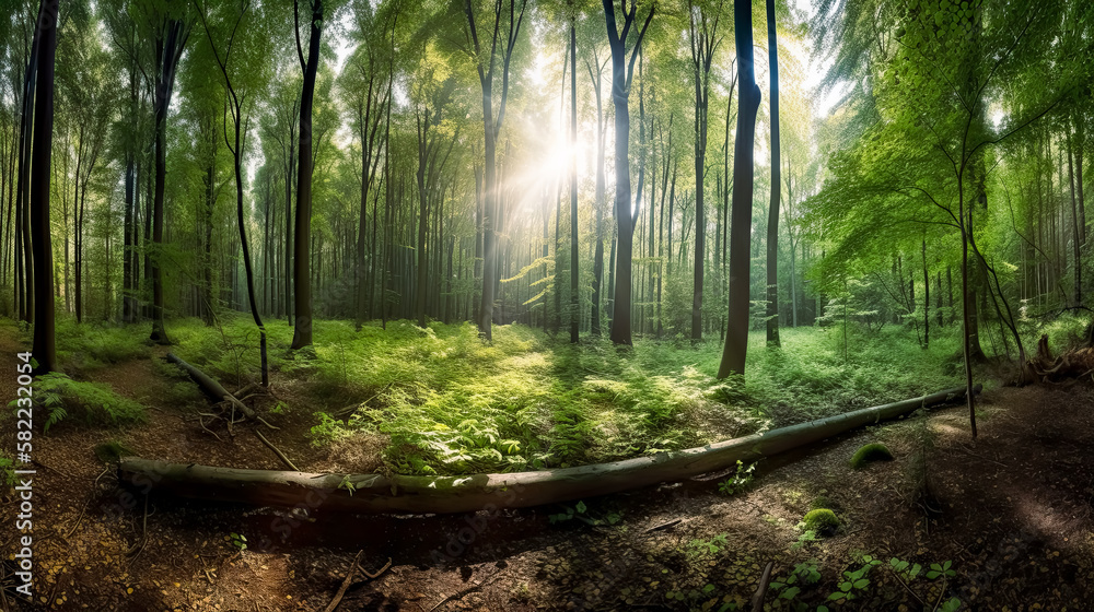 Obraz premium Forest panorama with sunbeams, morning, wide shot, green forest. 
