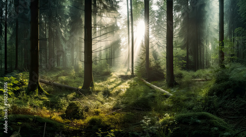 Forest panorama with sunbeams, morning, wide shot, green forest.  © Saulo Collado