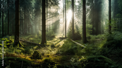 Forest panorama with sunbeams  morning  wide shot  green forest. 