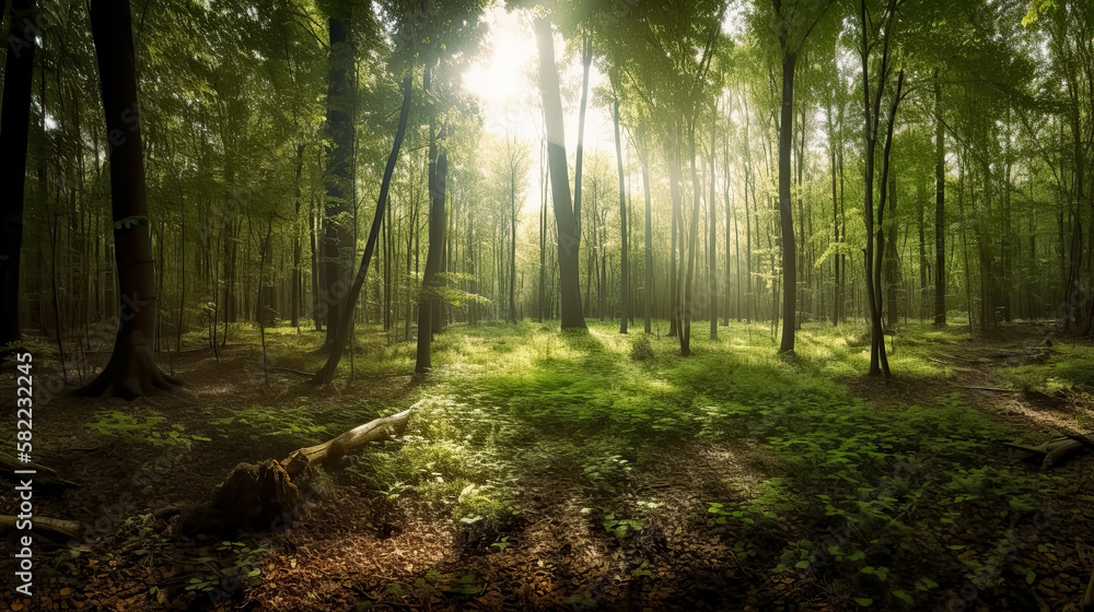 Obraz premium Forest panorama with sunbeams, morning, wide shot, green forest. 