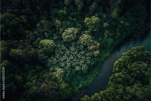 Aerial view of rainforest. Green ecological generative illustration © WhataWin