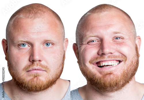 Serious and laughing face of a young red-haired man with a beard close-up. A handsome guy with beautiful blue eyes. Isolated on white background. Set, collage. Panorama format.