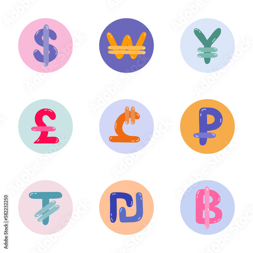 Set of international currency symbols. Cute hand drawn vector illustration with money signs. Coins of different countries: dollar sigh, euro, yuan, pesos. Colorful vector clipart set in naive style